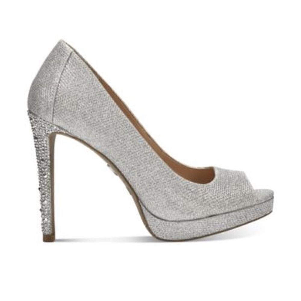 Thalia Sodi Lena Silver Beaded Heel Open Toe Sparkly Pumps,‎ 9, NWOB